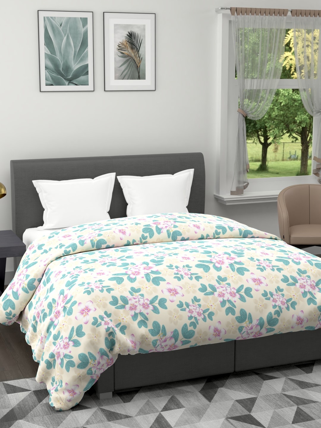 

BIANCA Blue & Off White Floral Microfiber AC Room 120 GSM Double Bed Quilt