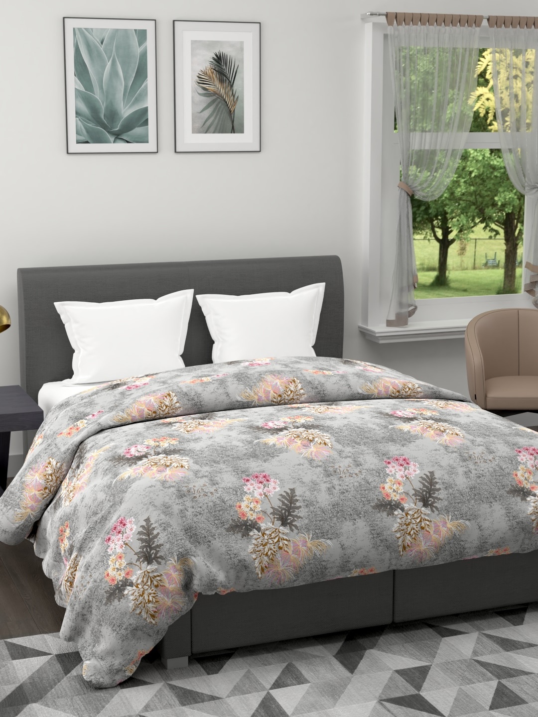 

BIANCA Grey & Beige Floral Microfiber AC Room 120 GSM Double Bed Quilt