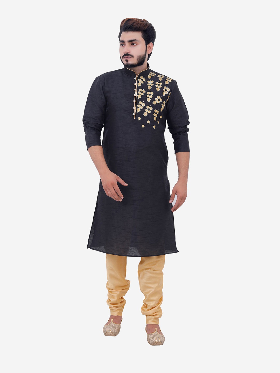 

Tibra Collection Men Black Embroidered Dupion Silk Kurta with Churidar