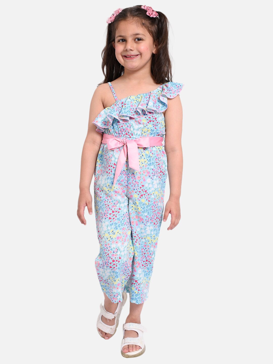 

Nauti Nati Girls Blue & Pink Printed Basic one shoulder jumpsuit