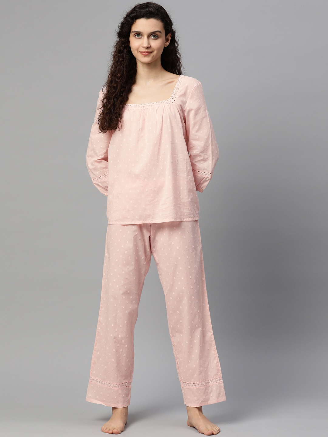 

Marks & Spencer Women Pink Solid Dobby Pure Cotton Night suit