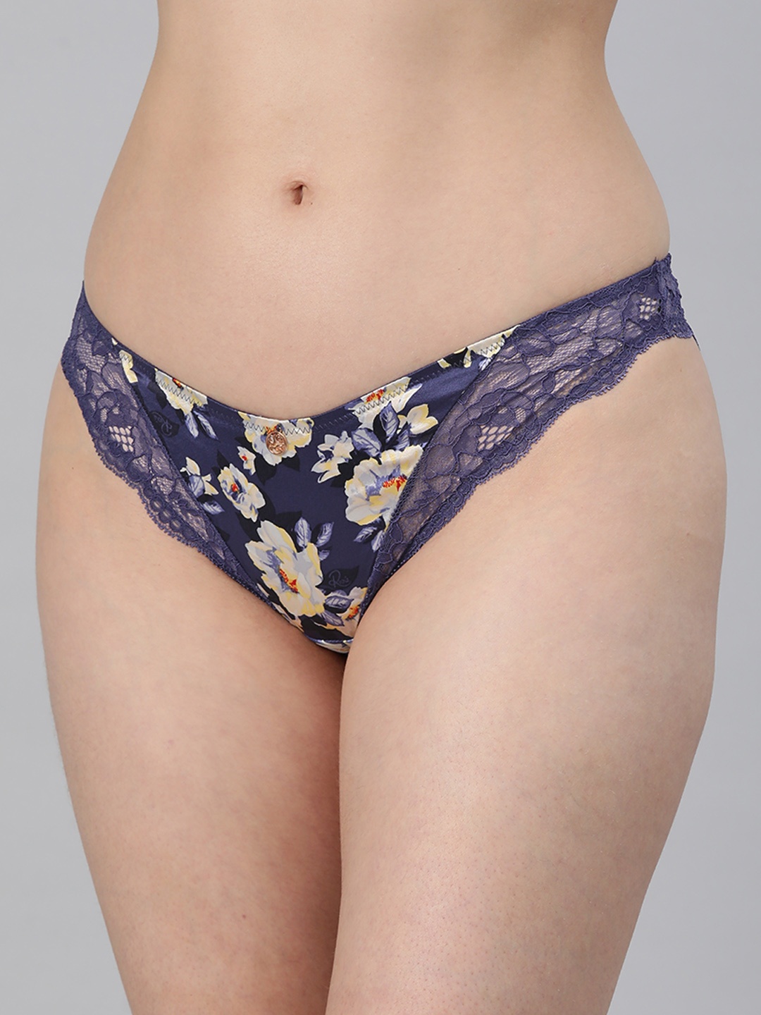 

Marks & Spencer Floral Print Lace Insert Satin-Finish Bikini Brief- T816431, Navy blue