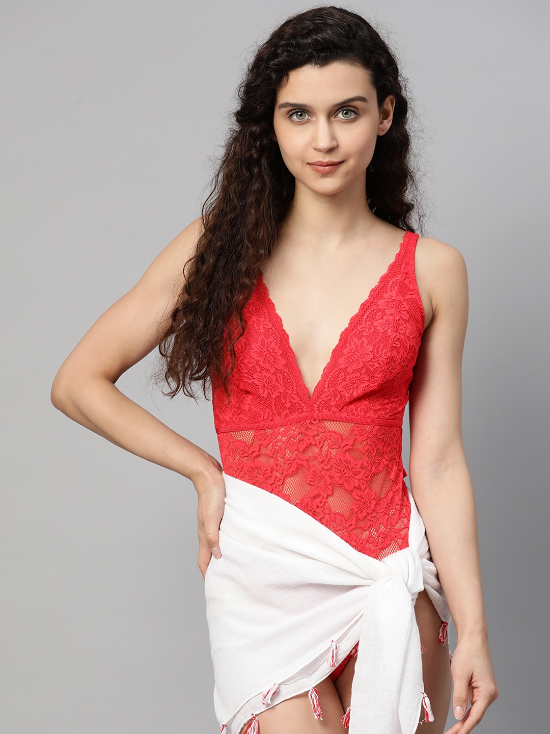 

Marks & Spencer Women Red Floral Lace V-neck Bodysuit