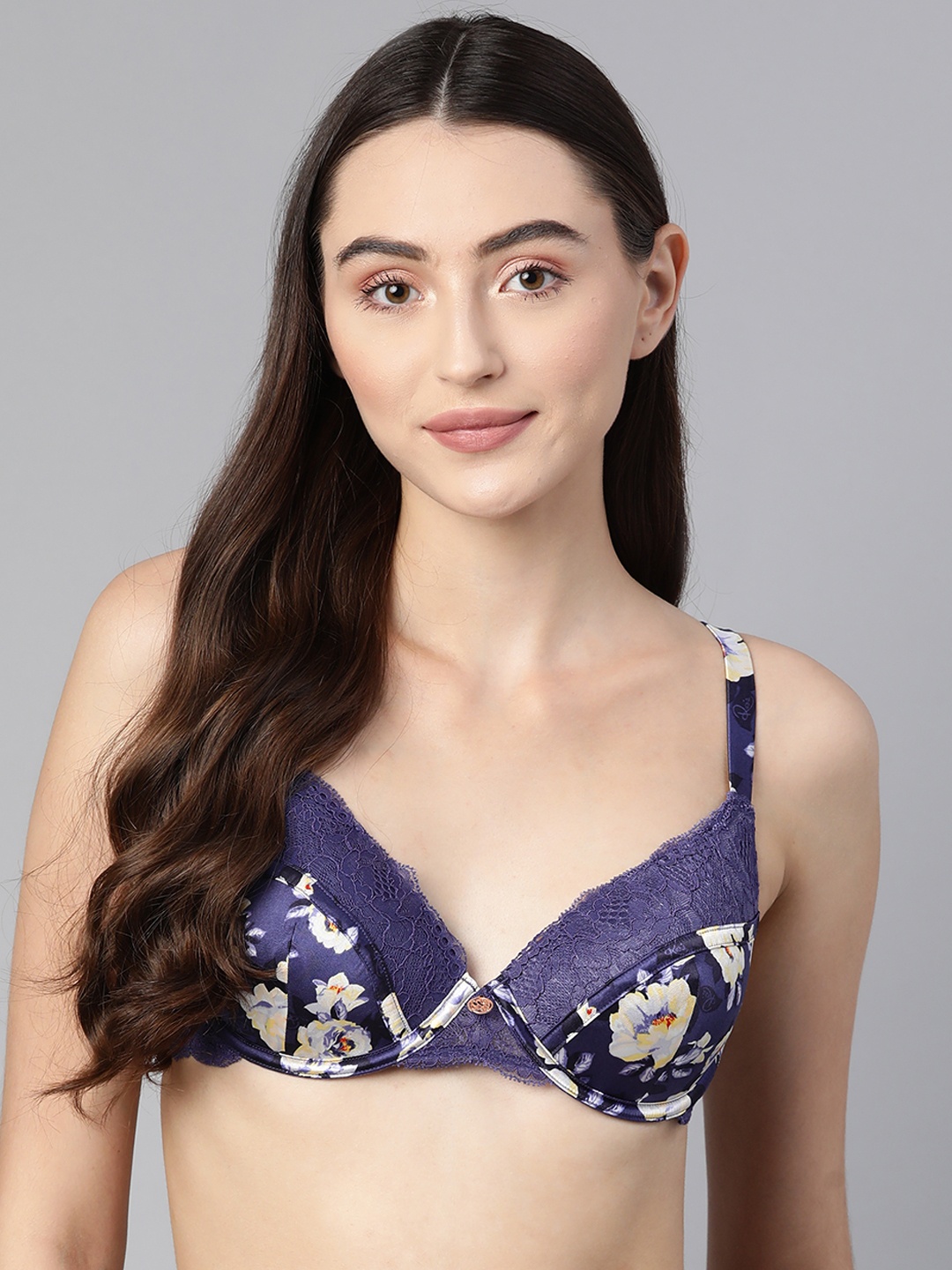 

Marks & Spencer Navy Blue & Beige Floral Bra Underwired Lightly Padded