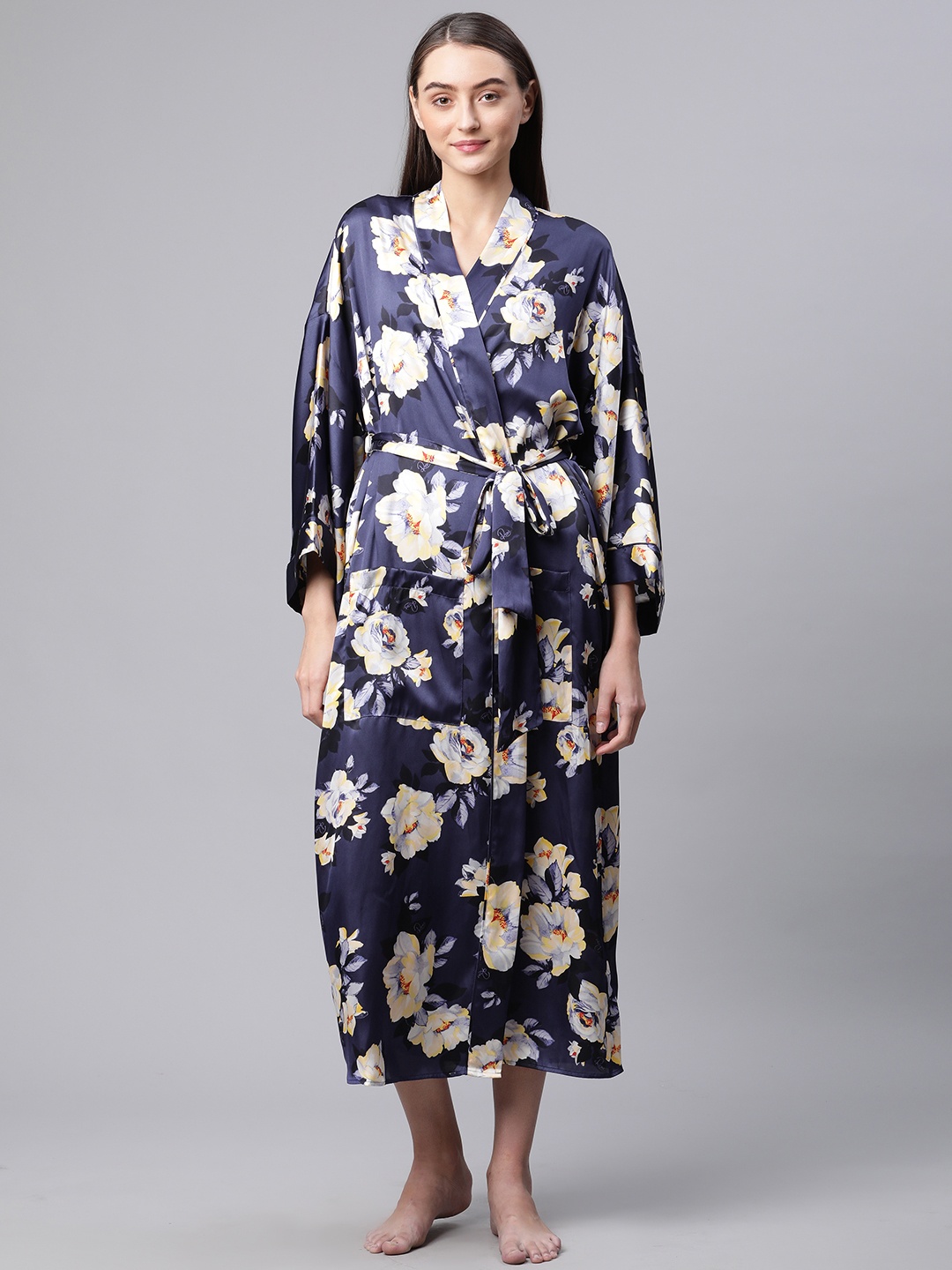 

Marks & Spencer Women Navy Blue Floral Print Bath Robe