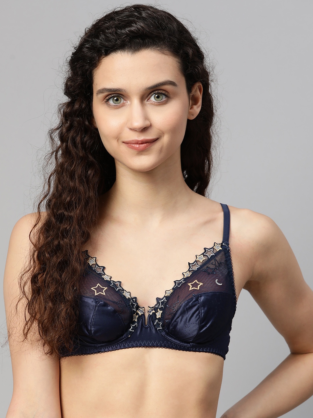 

Marks & Spencer BOUTIQUE X DAMARIS Navy Blue Self Design Underwired Plunge Bra