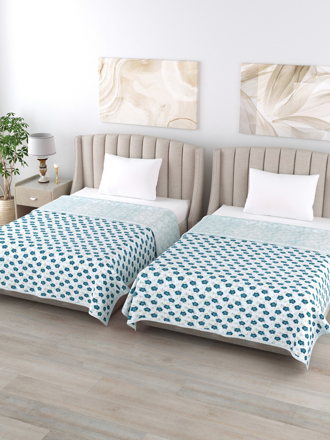 

Home Fresh White & Teal Set of 2 Floral AC Room 350 GSM Single Bed Dohar