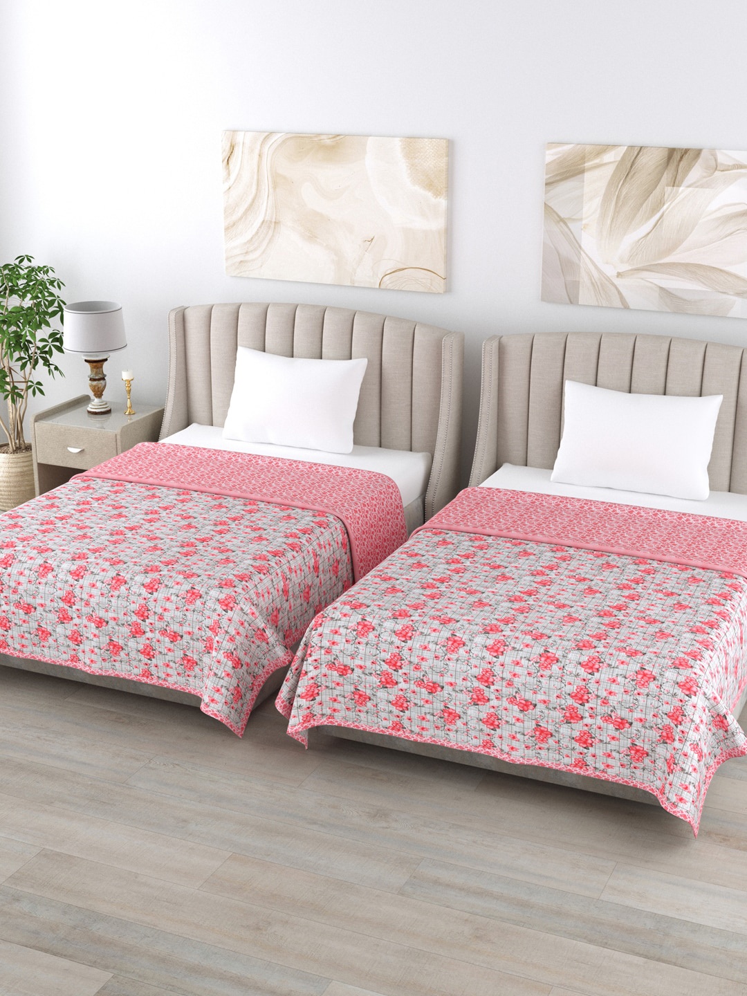 

Home Fresh Pink & Grey Set of 2 Floral AC Room 350 GSM Single Bed Dohar