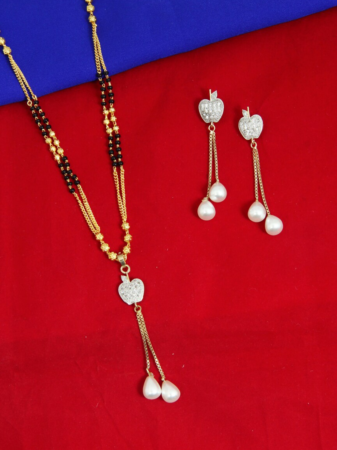 

FEMMIBELLA Gold-Plated White & Black AD-Studded & Beaded Mangalsutra