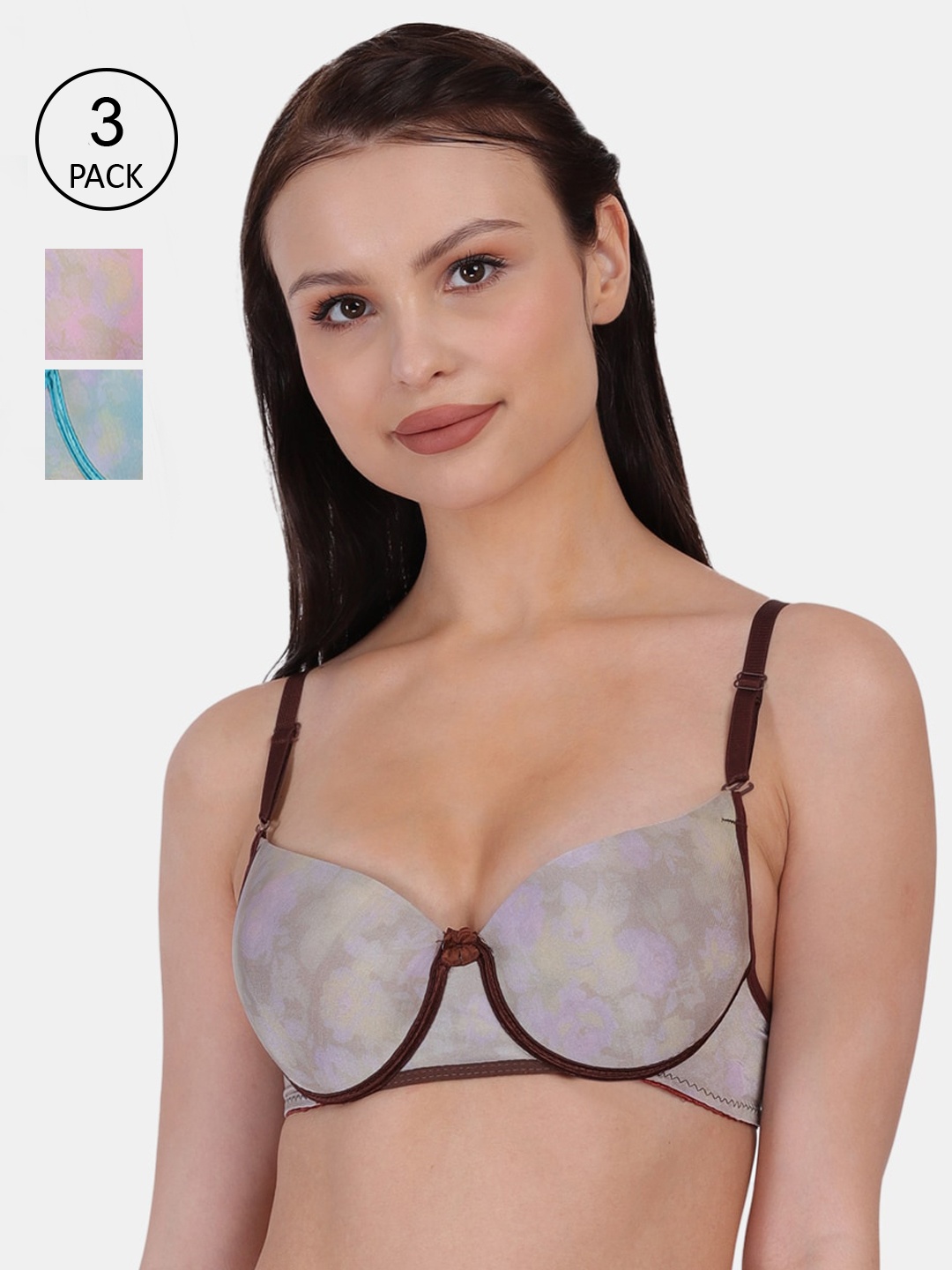 

Amour Secret Brown & Blue Pack Of 3 Underwired Lightly Padded Bra