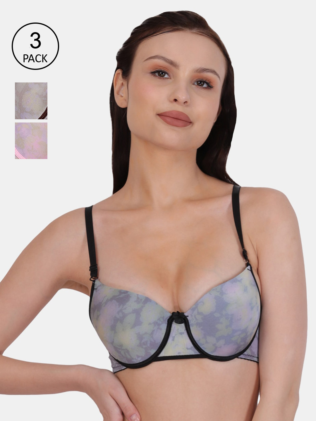 

Amour Secret Black & Pink Floral Underwired Lightly Padded Set of 3 Bra
