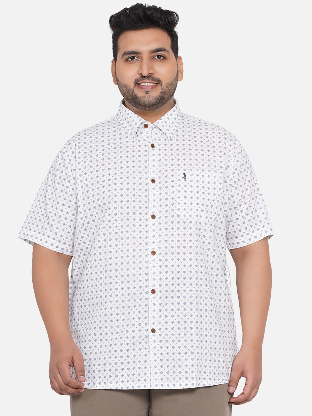 Santonio Plus Size Men White Classic Regular Fit Printed Casual Shirt