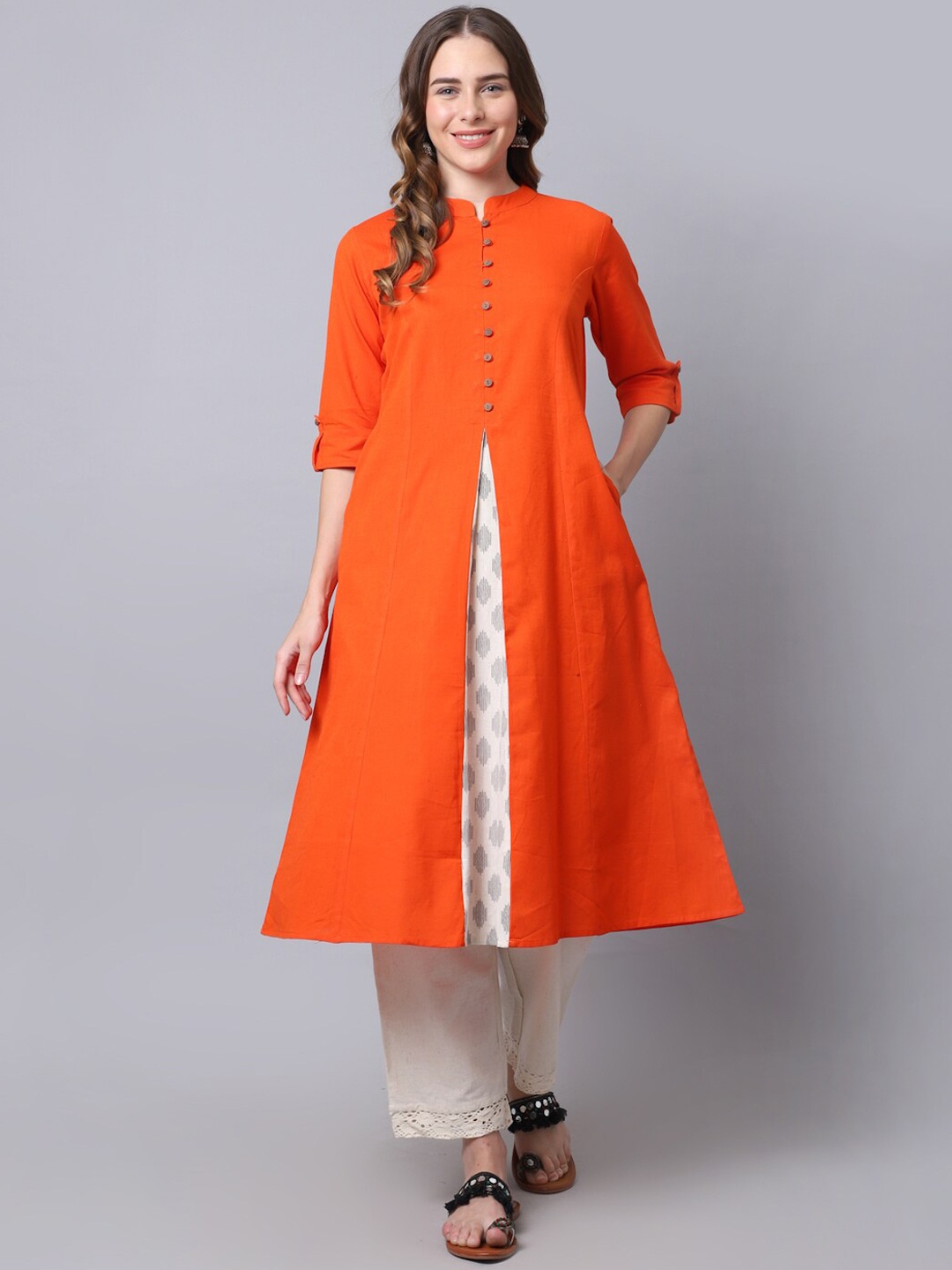 

Pistaa Women Orange Solid Front Slit Kurta