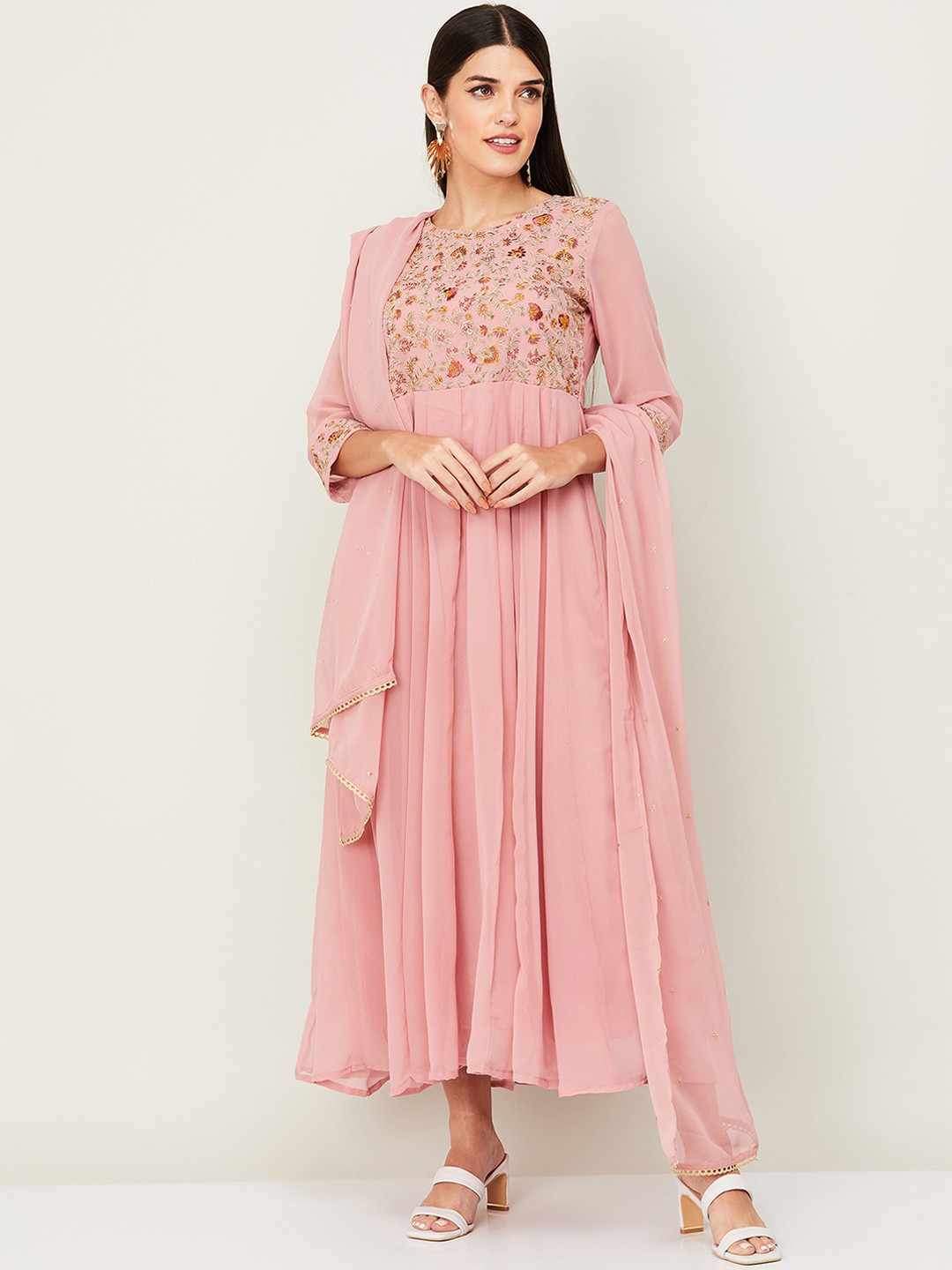 

Melange by Lifestyle Women Pink Embroidered Pleated Kurti with Palazzos