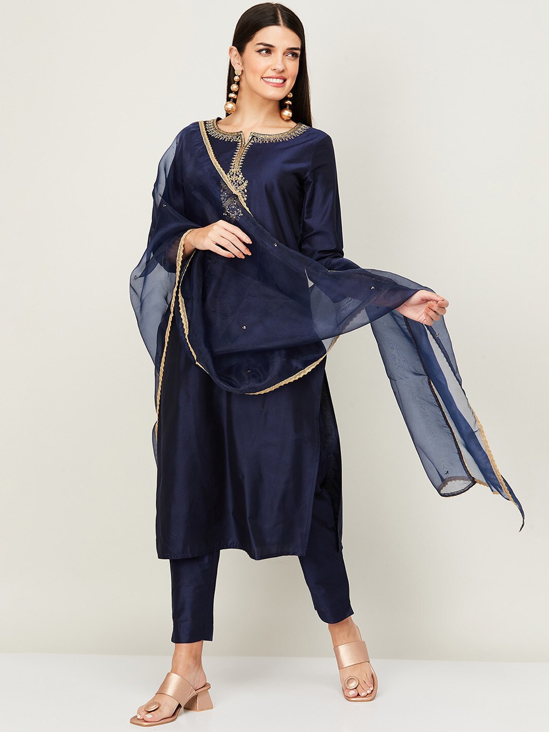 

Melange by Lifestyle Women Navy Blue Kurta with Trousers & With Dupatta