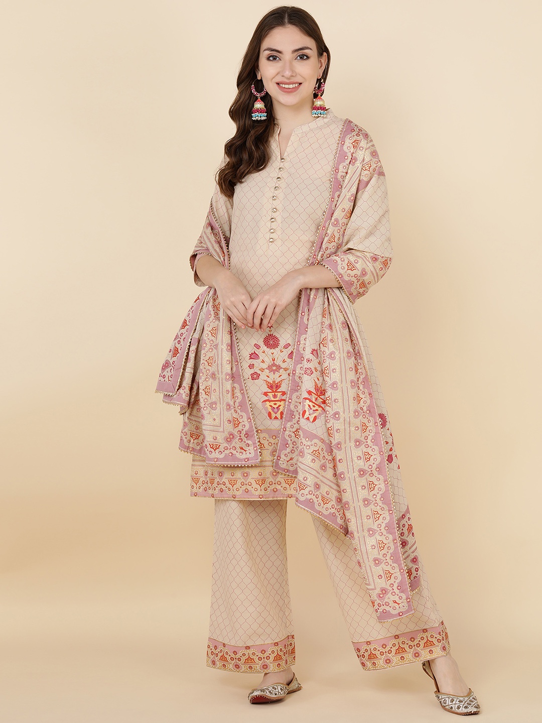 

MAAND Women Beige Floral Printed Pure Cotton Kurta with Palazzos & With Dupatta