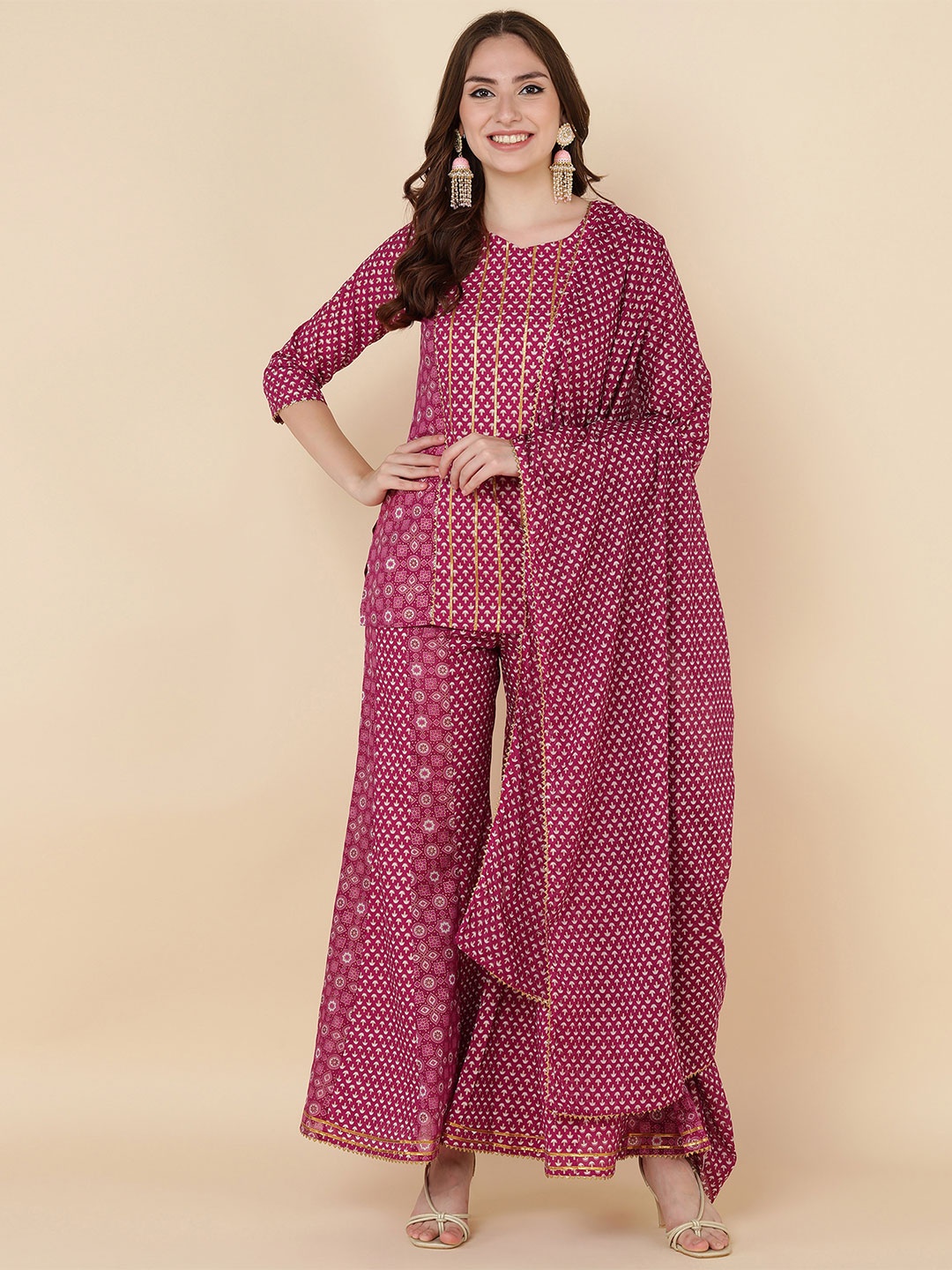 

MAAND Women Magenta Ethnic Motifs Printed Pure Cotton Kurti with Palazzos & With Dupatta