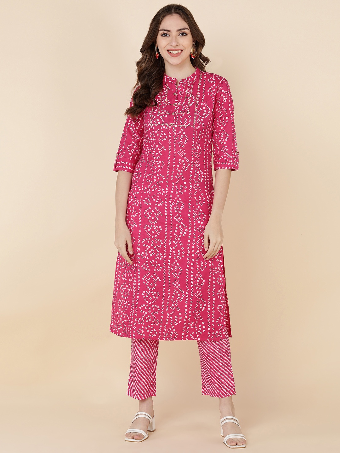 

MAAND Women Pink Bandhani Printed Pure Cotton Kurta with Trousers