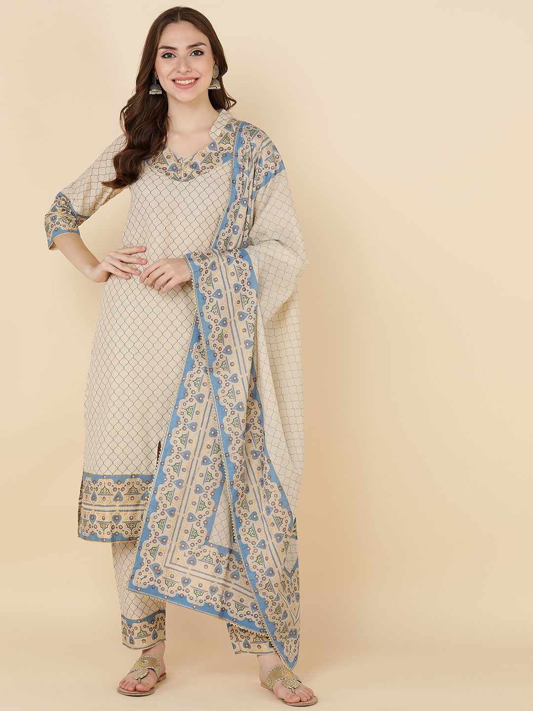 

MAAND Women Beige Ethnic Motifs Printed Kurta with Trousers & With Dupatta