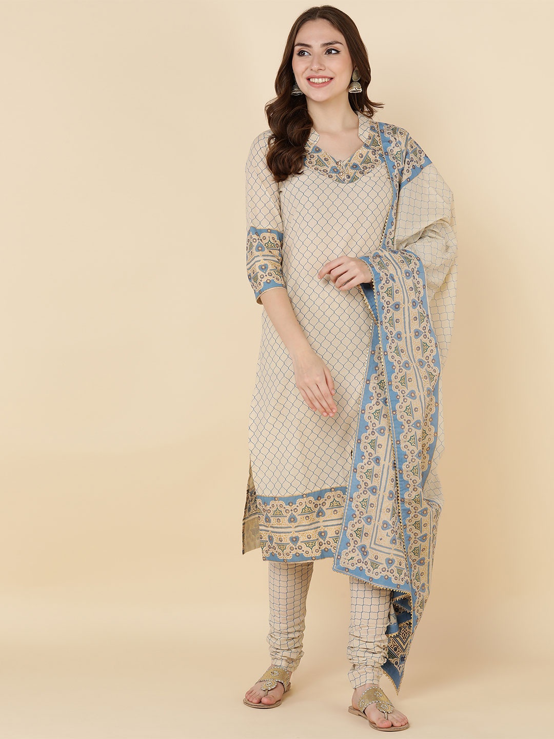 

MAAND Women Beige Ethnic Motifs Printed Panelled Kurta with Churidar & With Dupatta