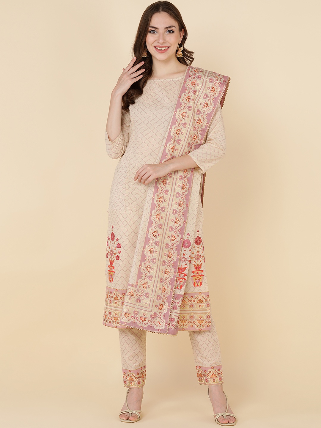 

MAAND Women Beige Ethnic Motifs Printed Kurta with Trousers & With Dupatta