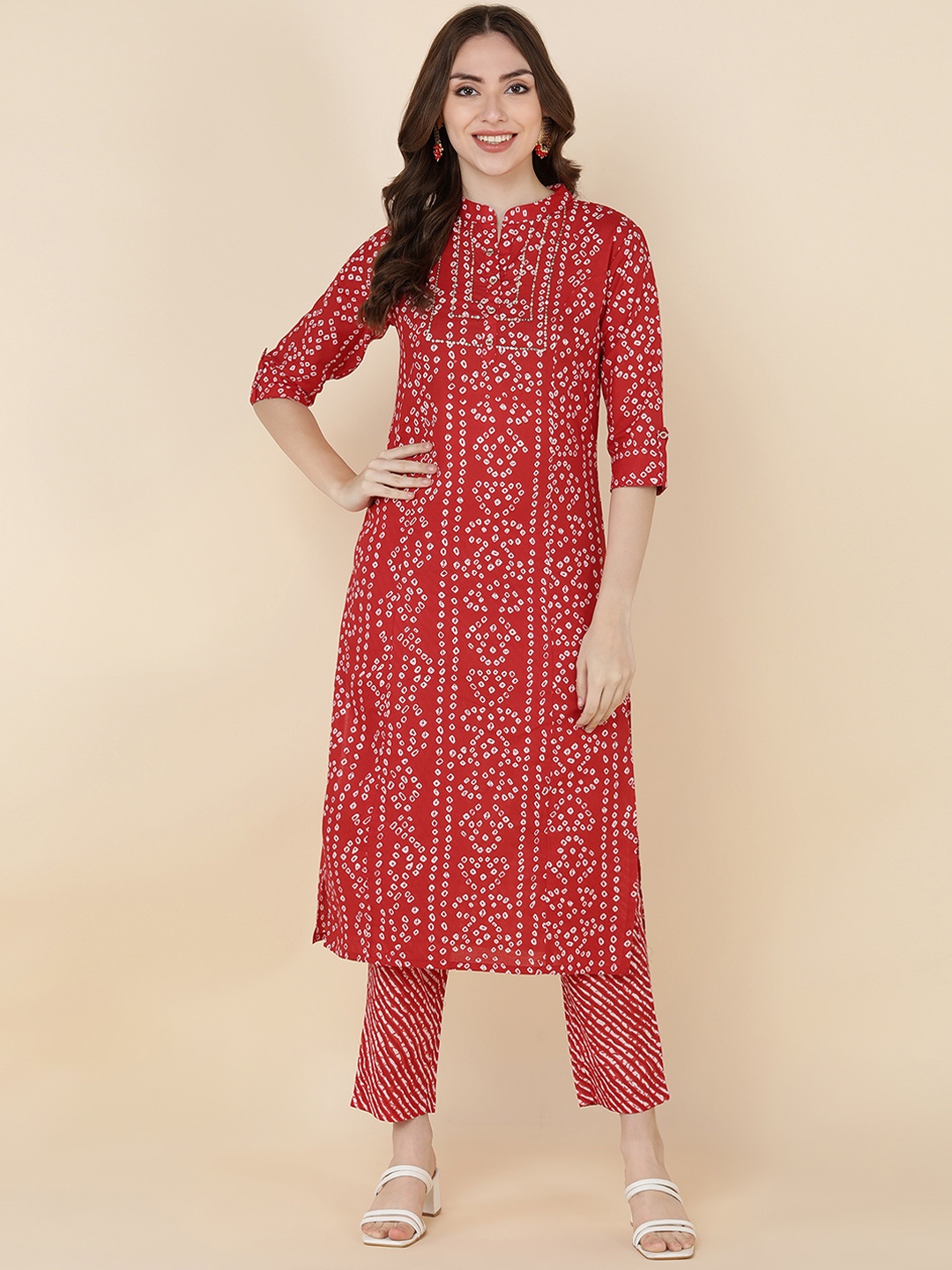 

MAAND Women Red Leheriya Printed Pure Cotton Kurta with Trousers