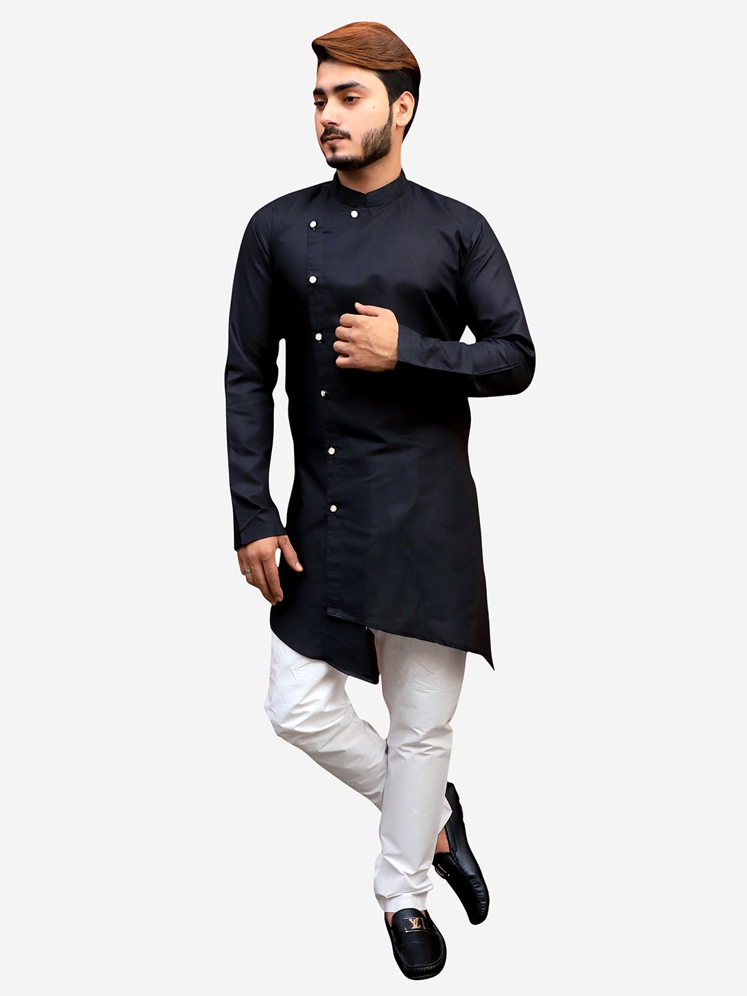 

Tibra Collection Men Black Angrakha Pure Cotton Kurta with Pyjamas