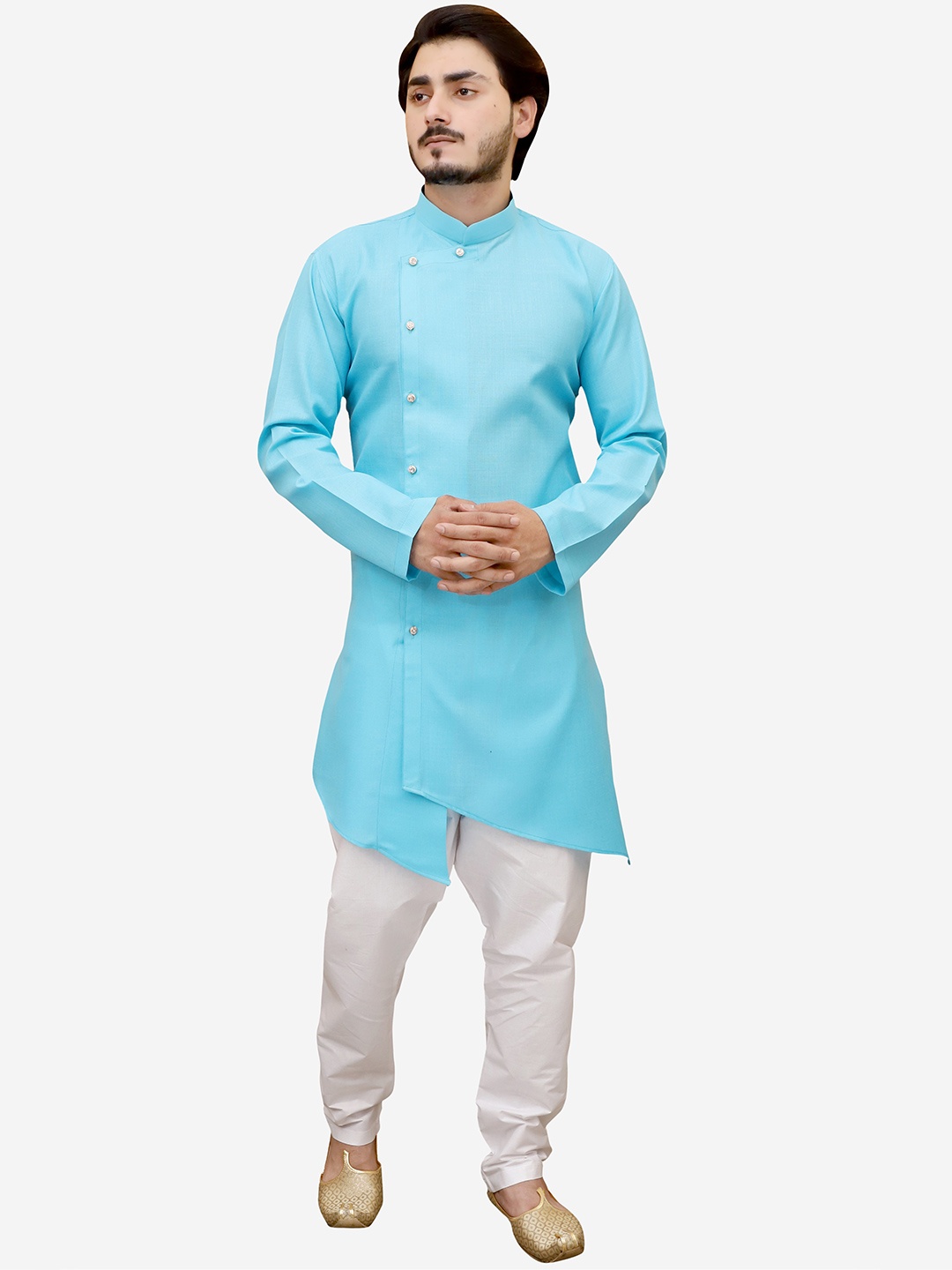 

Tibra Collection Men Blue Angrakha Pure Cotton Kurta with Pyjamas