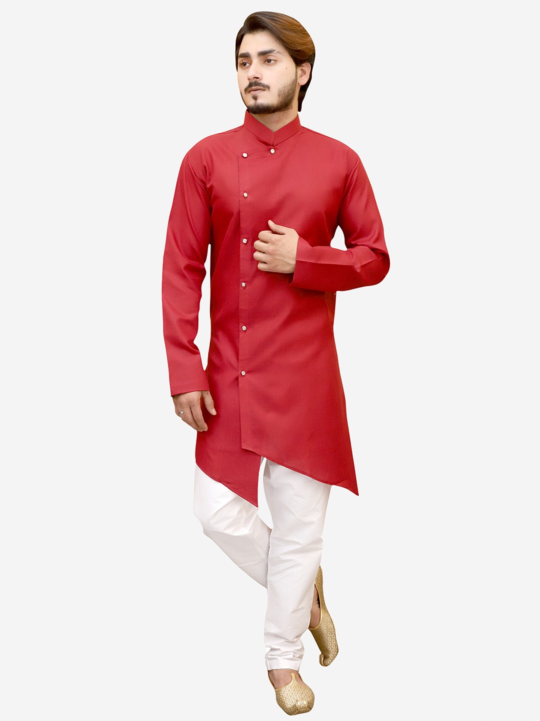 

Tibra Collection Men Maroon Angrakha Pure Cotton Kurta with Pyjamas