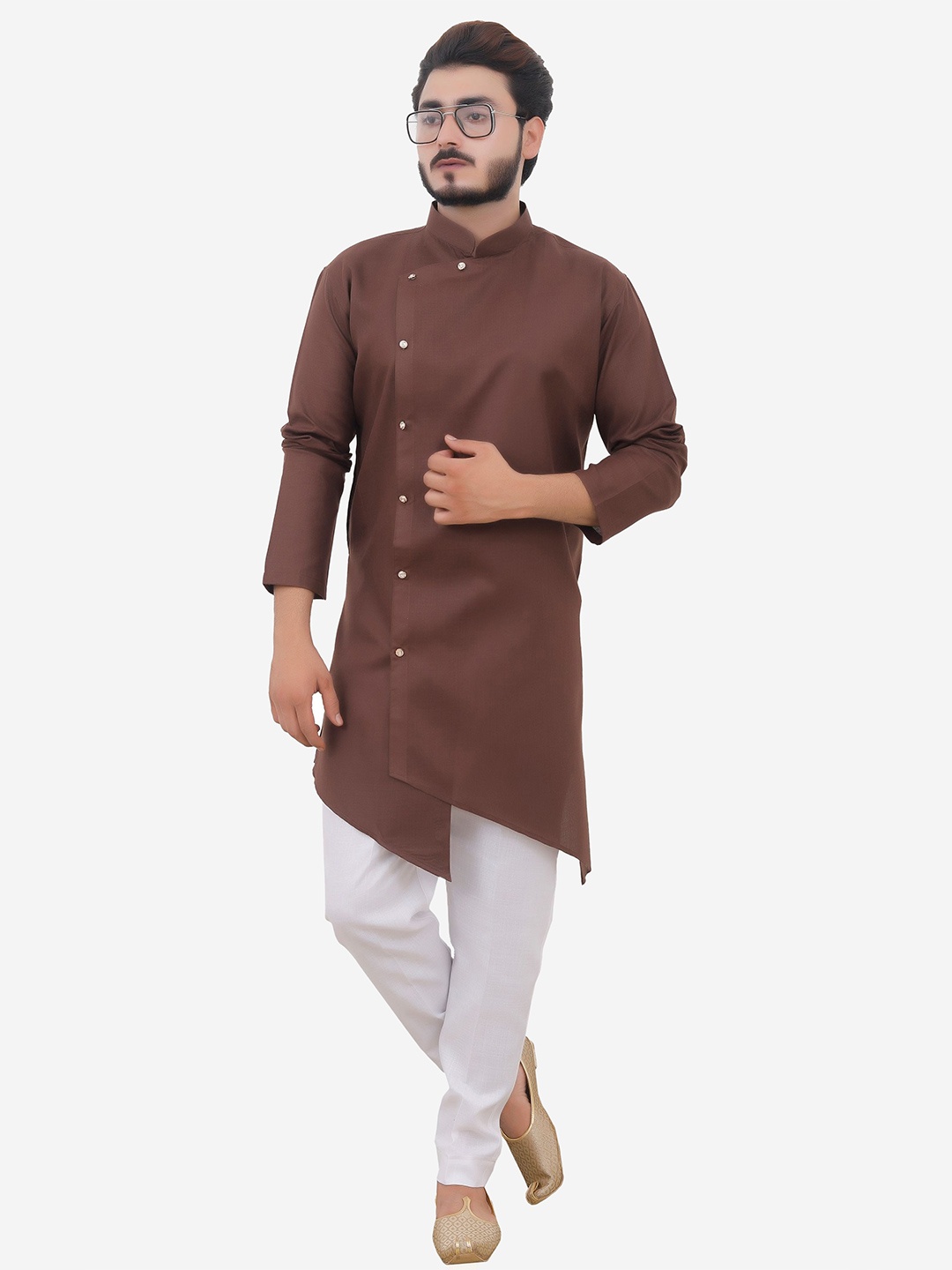 

Tibra Collection Men Brown Angrakha Pure Cotton Kurta with Trousers