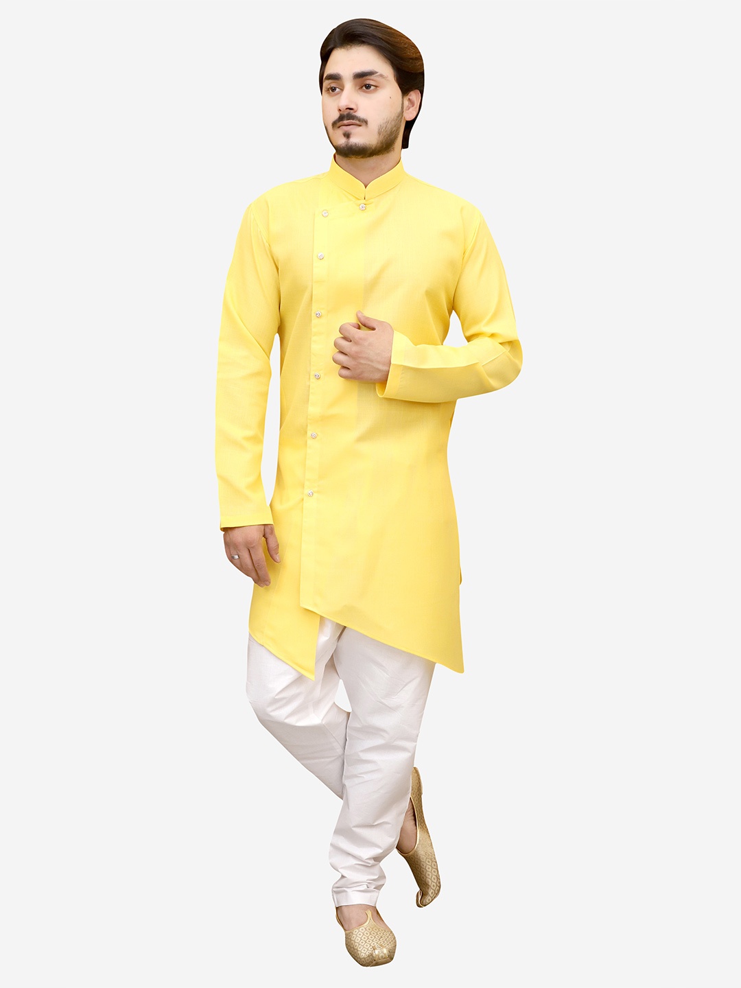 

Tibra Collection Men Yellow Angrakha Pure Cotton Kurta with Churidar