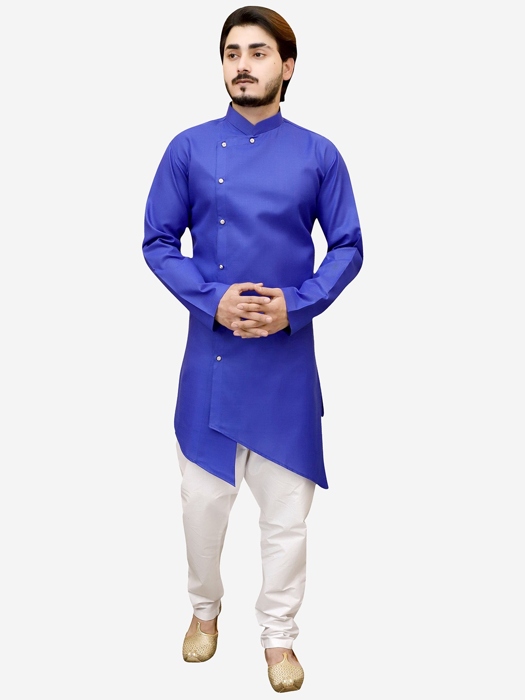 

Tibra Collection Men Blue Angrakha Pure Cotton Kurta with Pyjamas