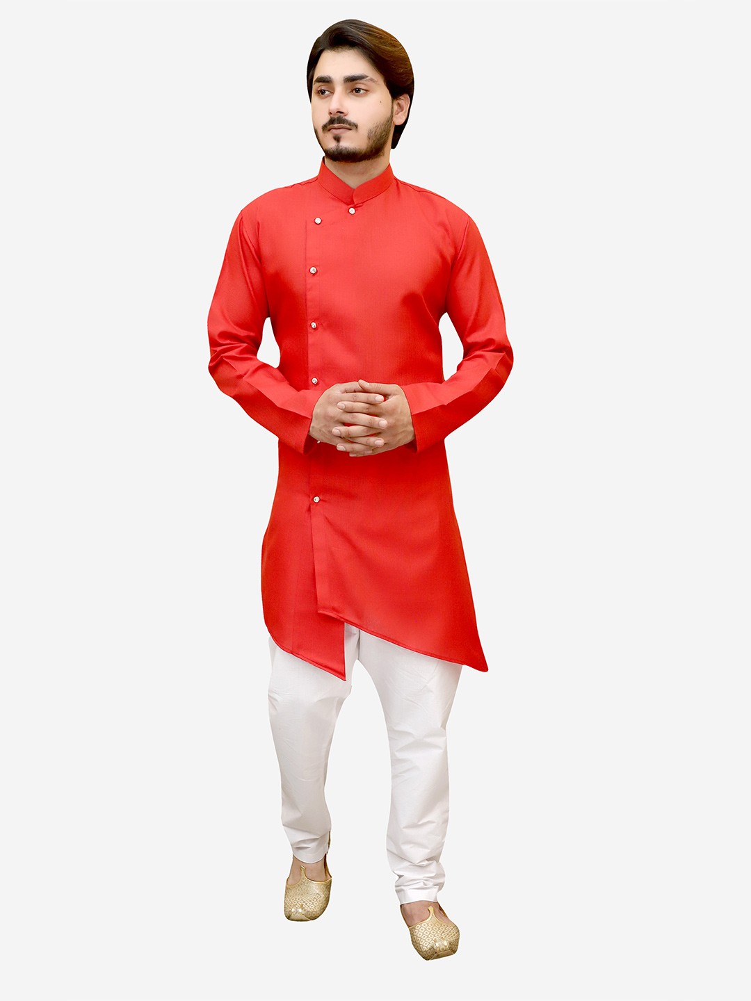 

Tibra Collection Men Red Angrakha Pure Cotton Kurta with Pyjamas
