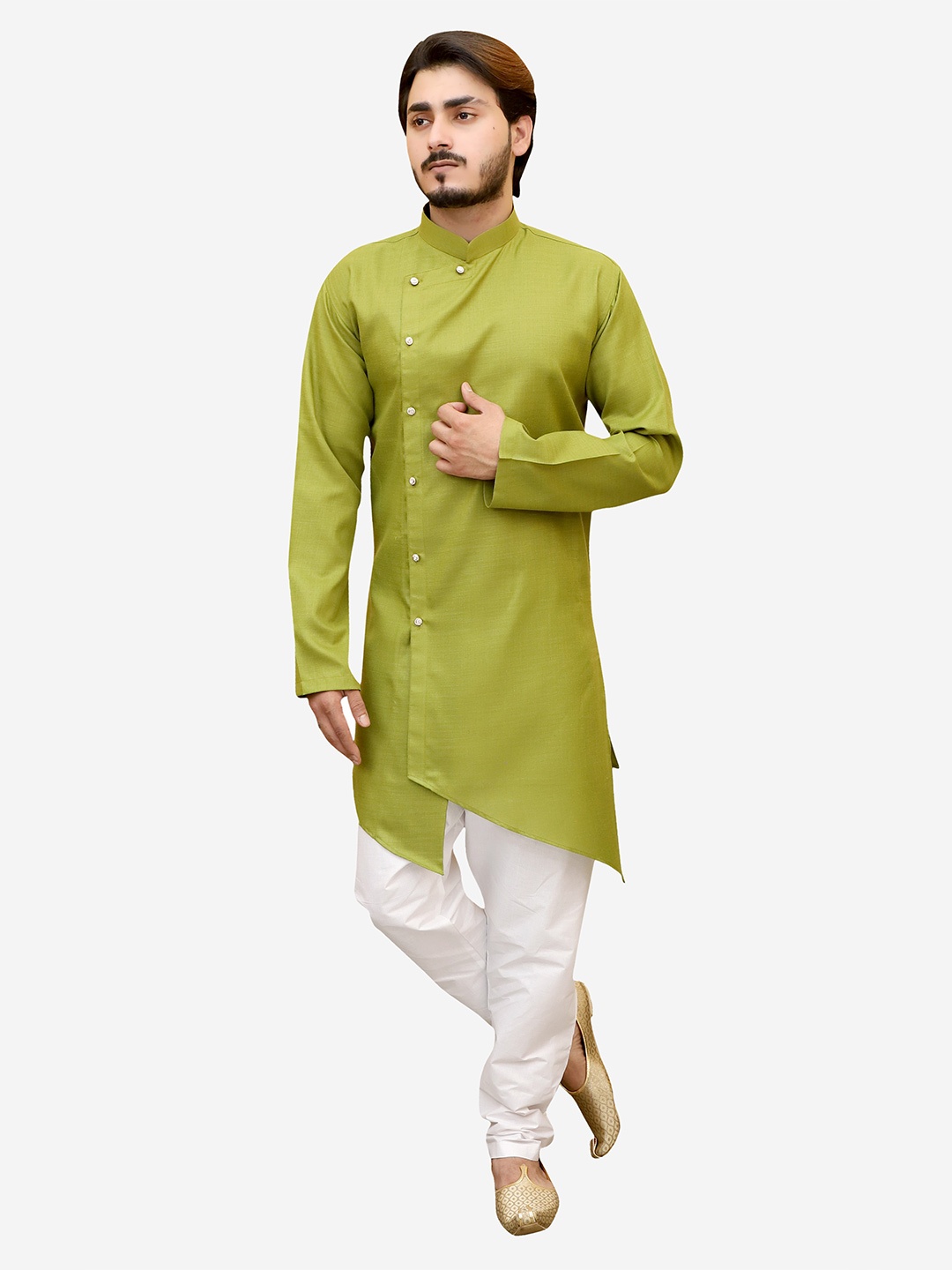 

Tibra Collection Men Olive Green Angrakha Pure Cotton Kurta with Pyjamas