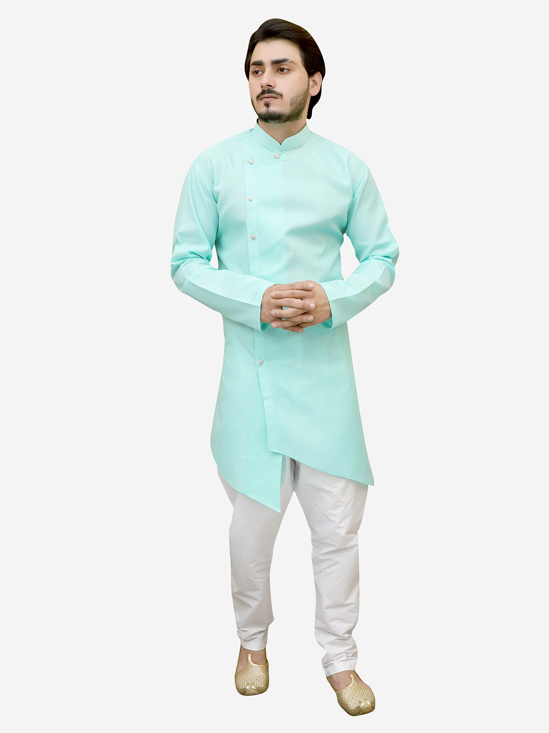 

Tibra Collection Men Turquoise Blue Angrakha Pure Cotton Kurta with Pyjamas