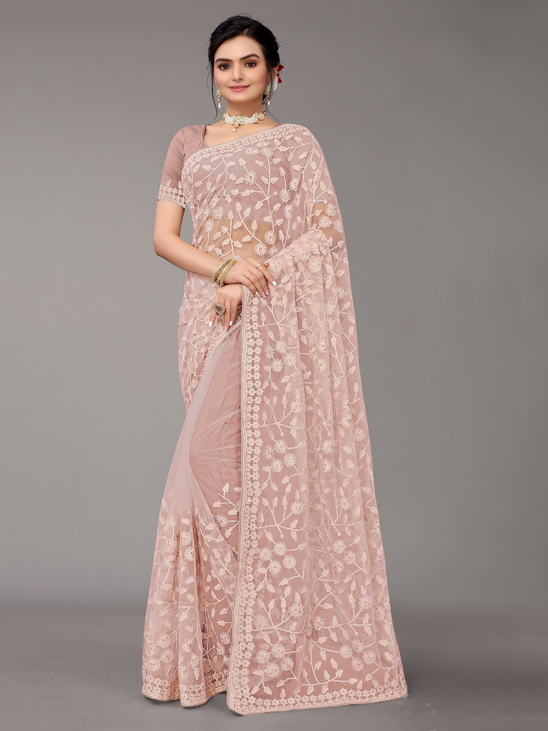 

Nimayaa Mauve Floral Embroidered Net Saree