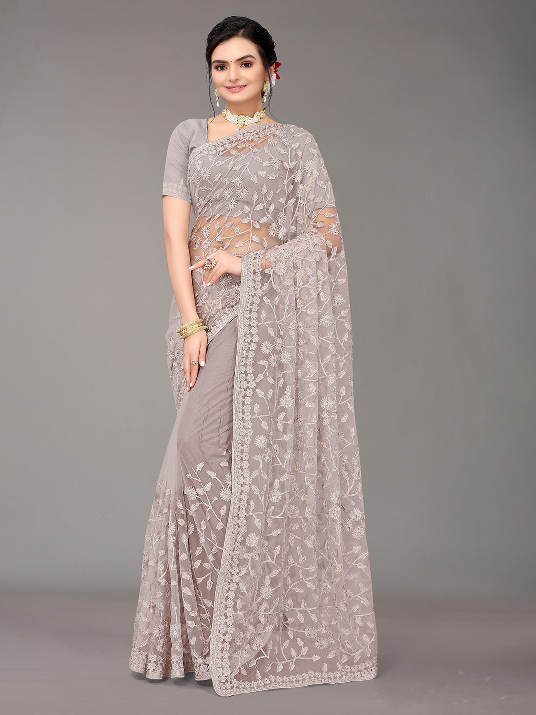 

Nimayaa Grey Floral Embroidered Net Saree