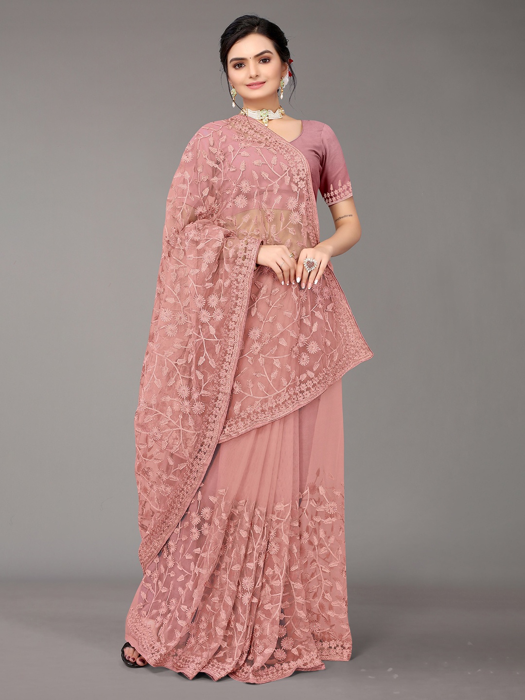 

Nimayaa Pink Floral Embroidered Net Saree