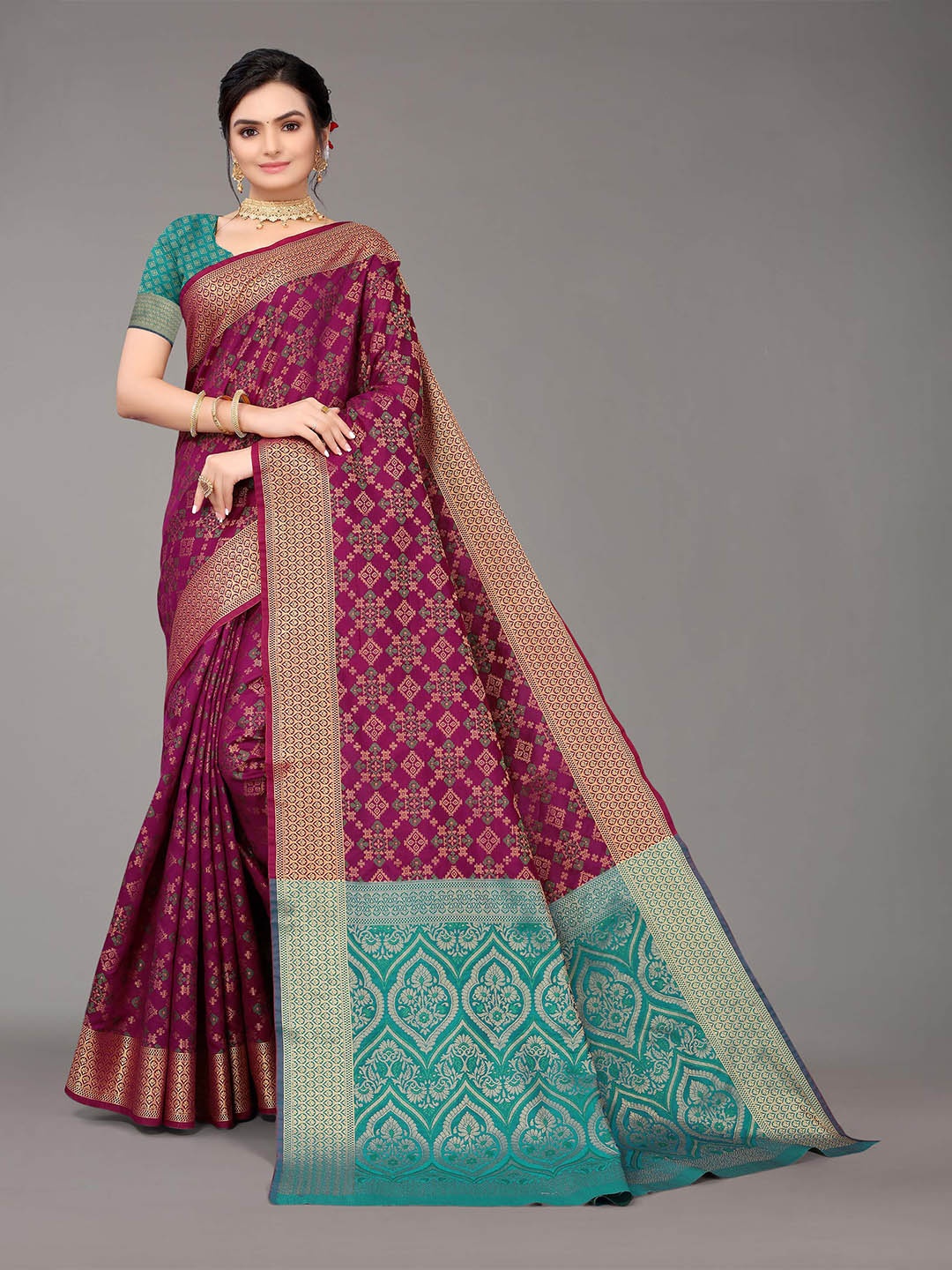 

Nimayaa Purple & Green Woven Design Zari Silk Blend Kanjeevaram Saree