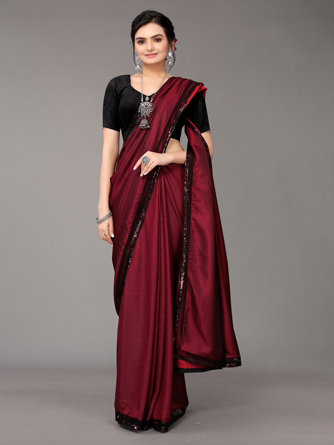 

Nimayaa Maroon & Black Sequined Saree