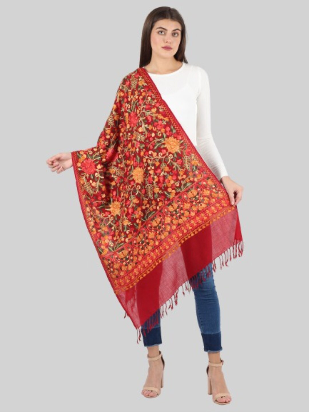 

MUFFLY Women Maroon & Yellow Embroidered Stole