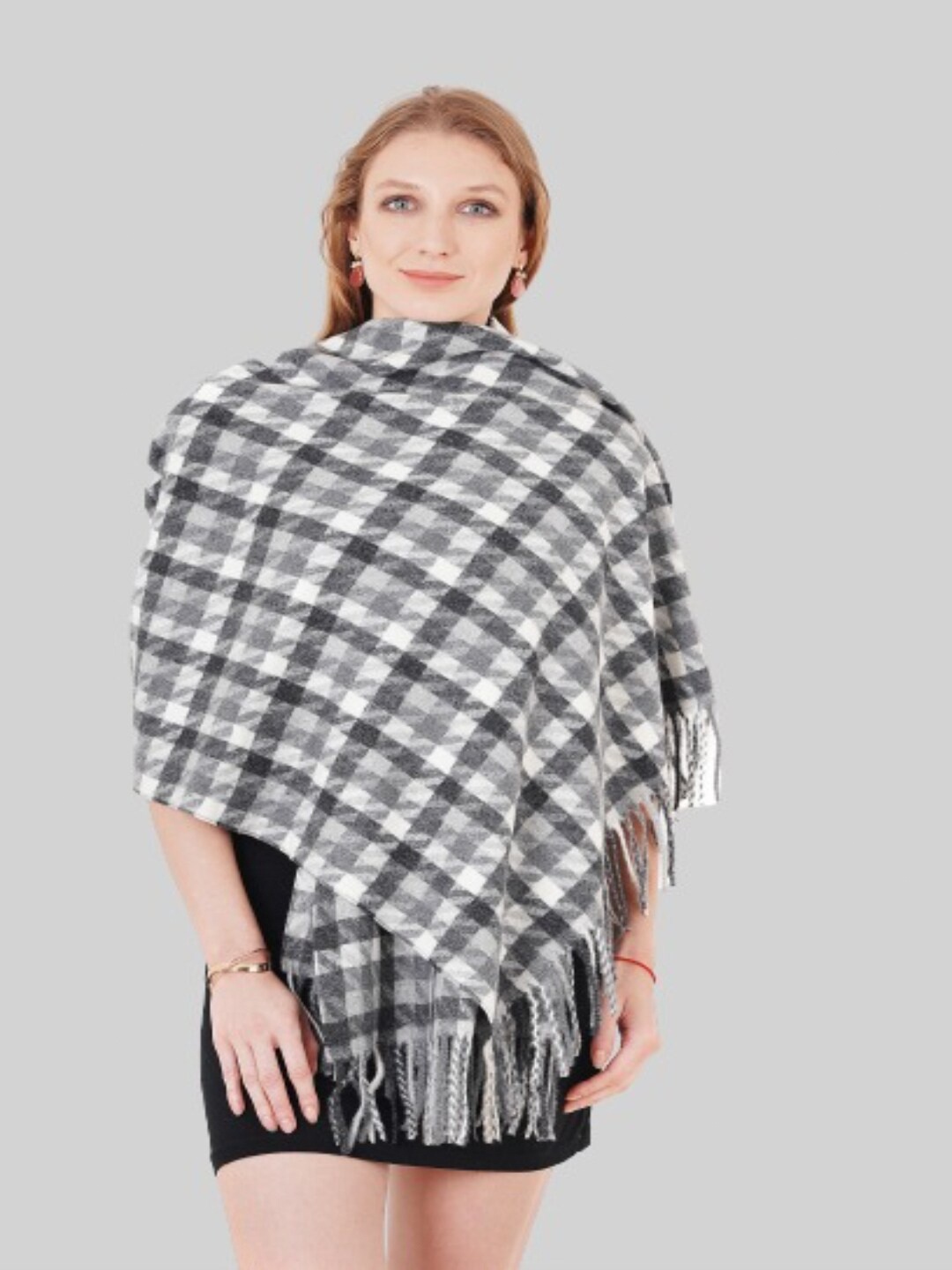 

MUFFLY Women Off White & Grey Checked Reversible Cashmere Wool Stole