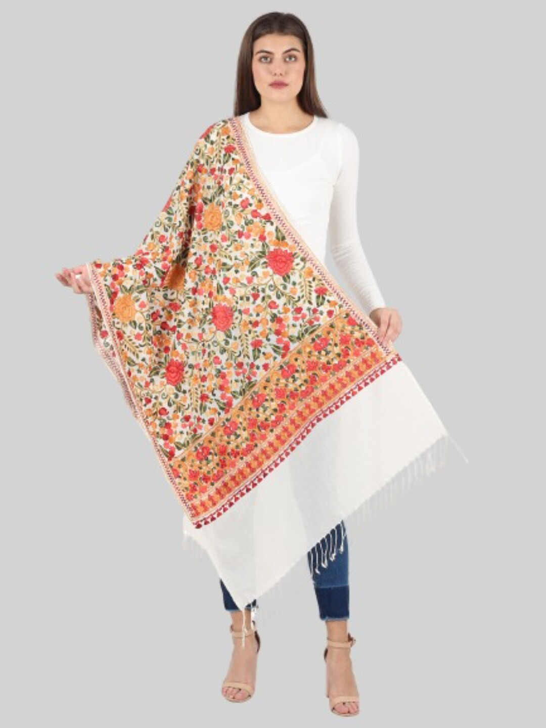 

MUFFLY Women White & Red Embroidered Stole