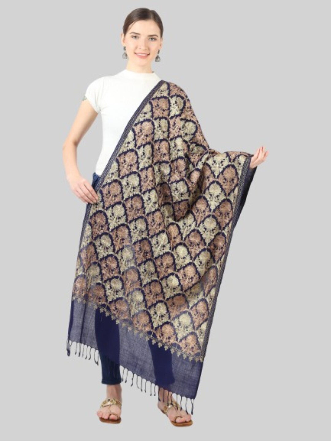 

MUFFLY Women Blue & Beige Embroidered Stole