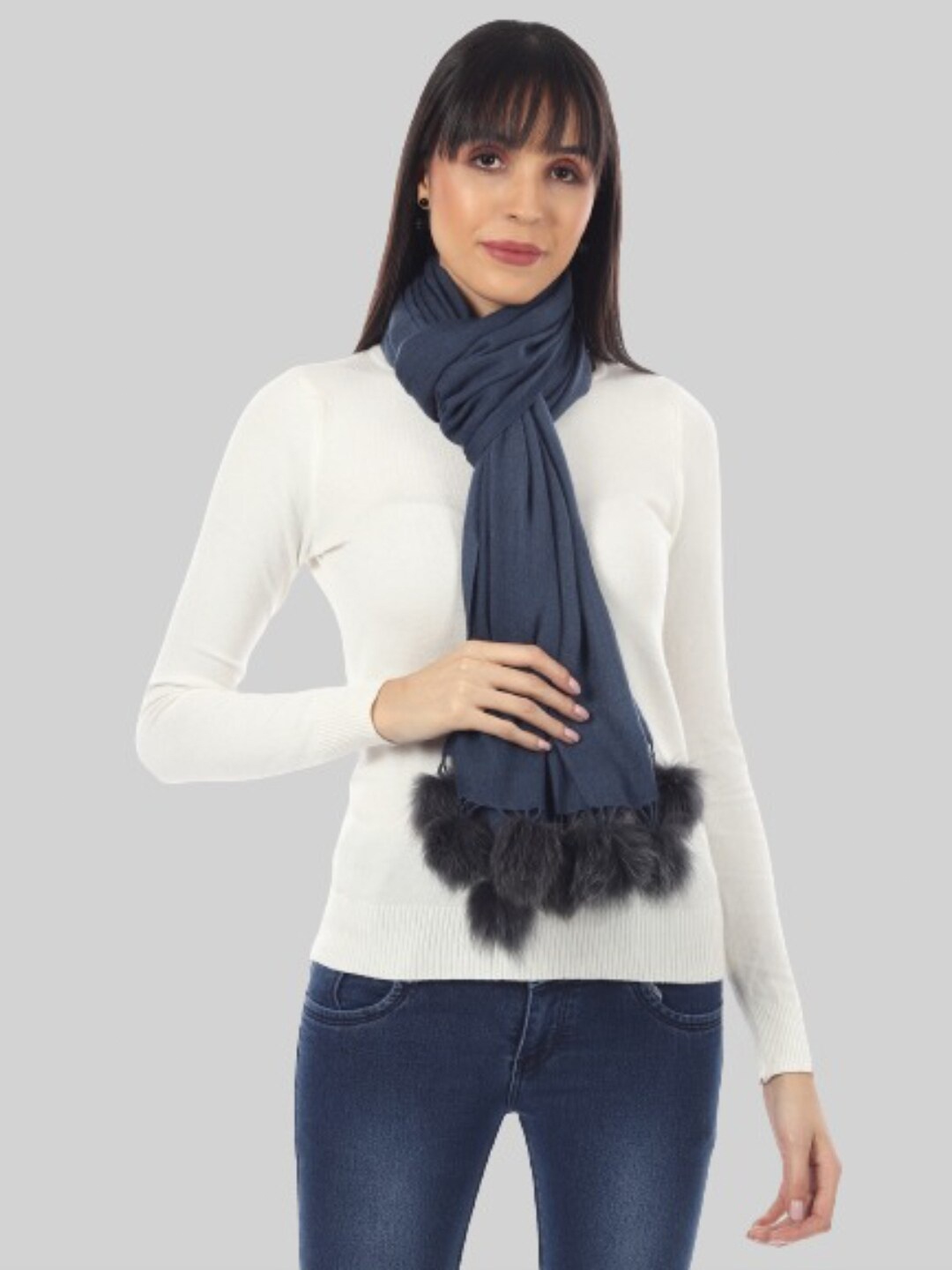 

MUFFLY Women Blue Stole With Fur Balls