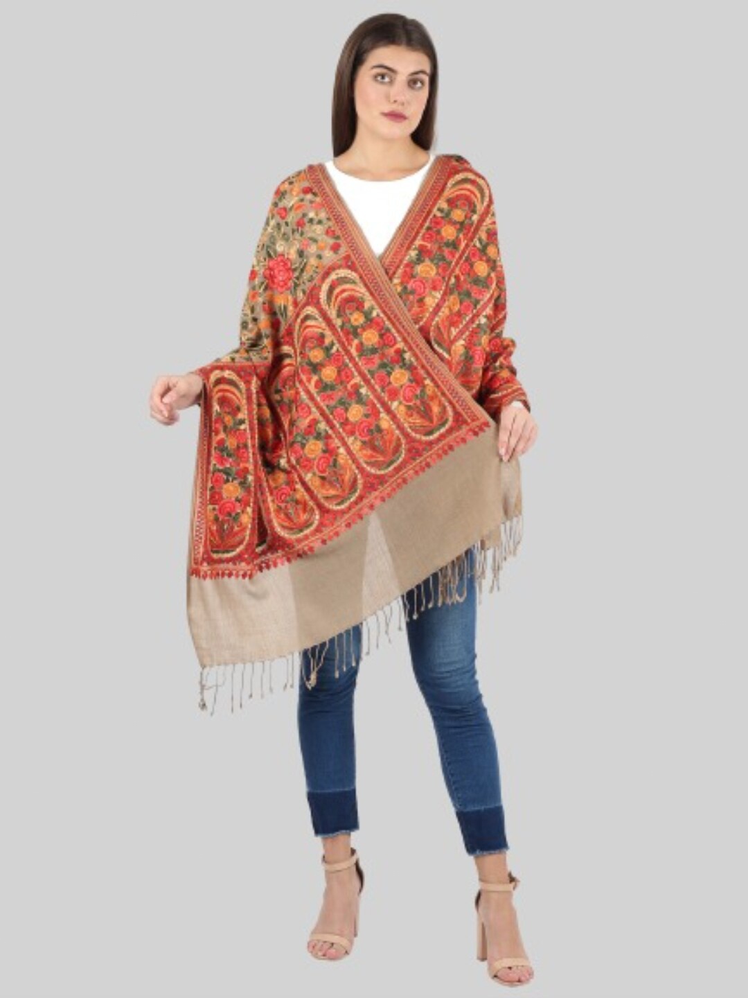 

MUFFLY Women Beige & Orange Embroidered Stole