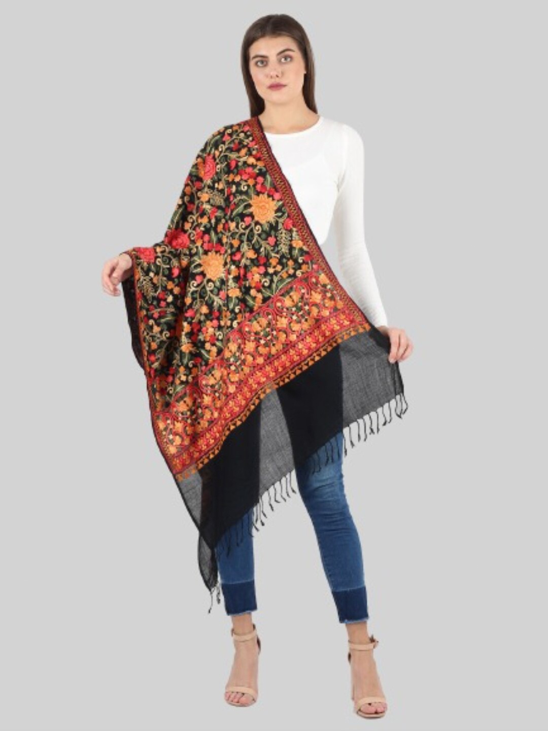 

MUFFLY Women Black & Red Embroidered Stole