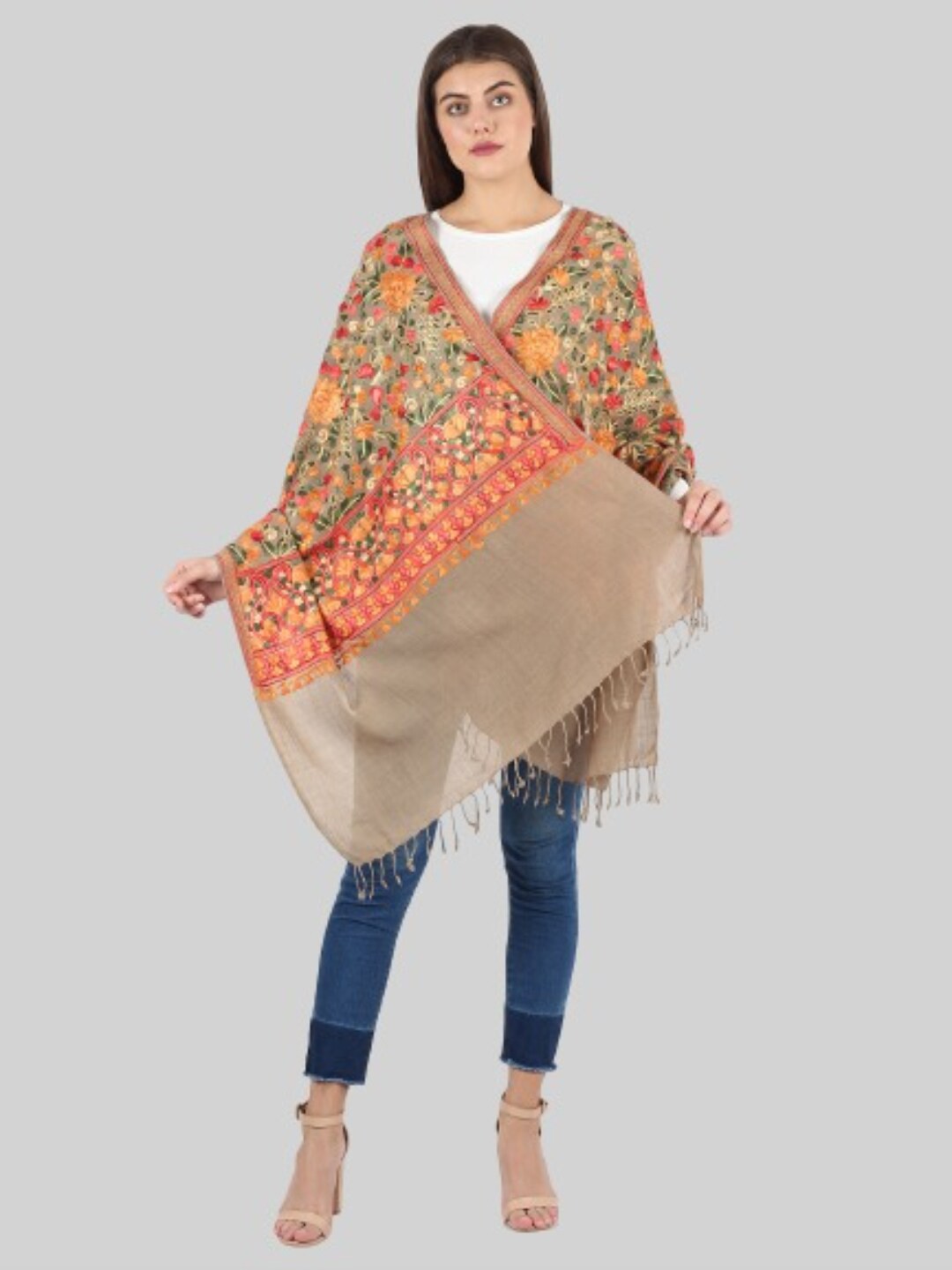

MUFFLY Women Beige & Pink Embroidered Stole
