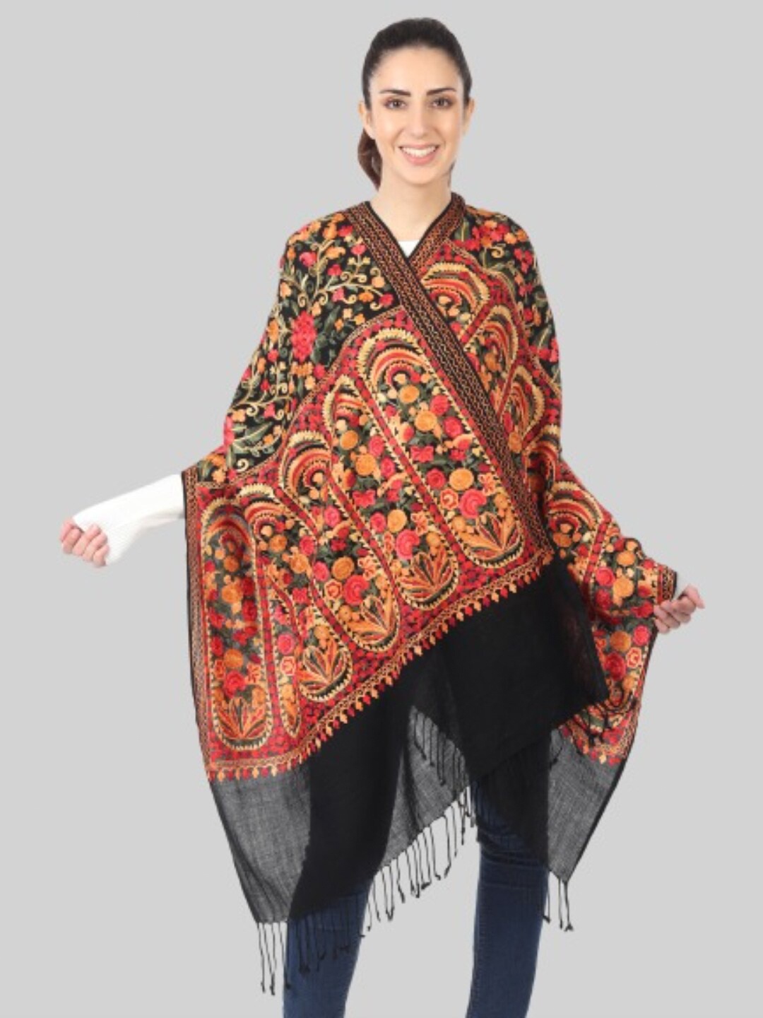 

MUFFLY Women Black & Red Embroidered Stole