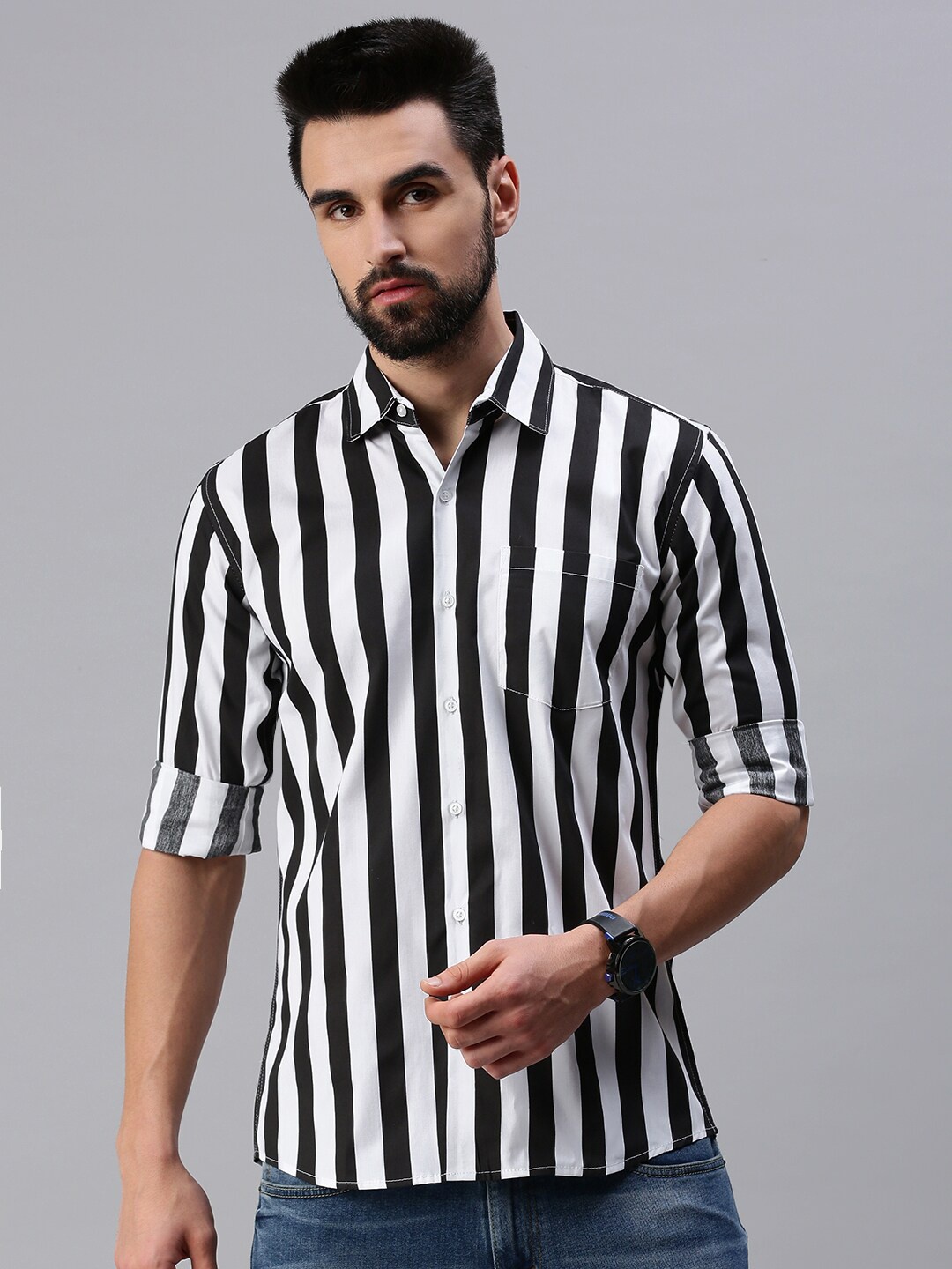 

PEPPYZONE Men Black Striped Cotton Standard Casual Shirt